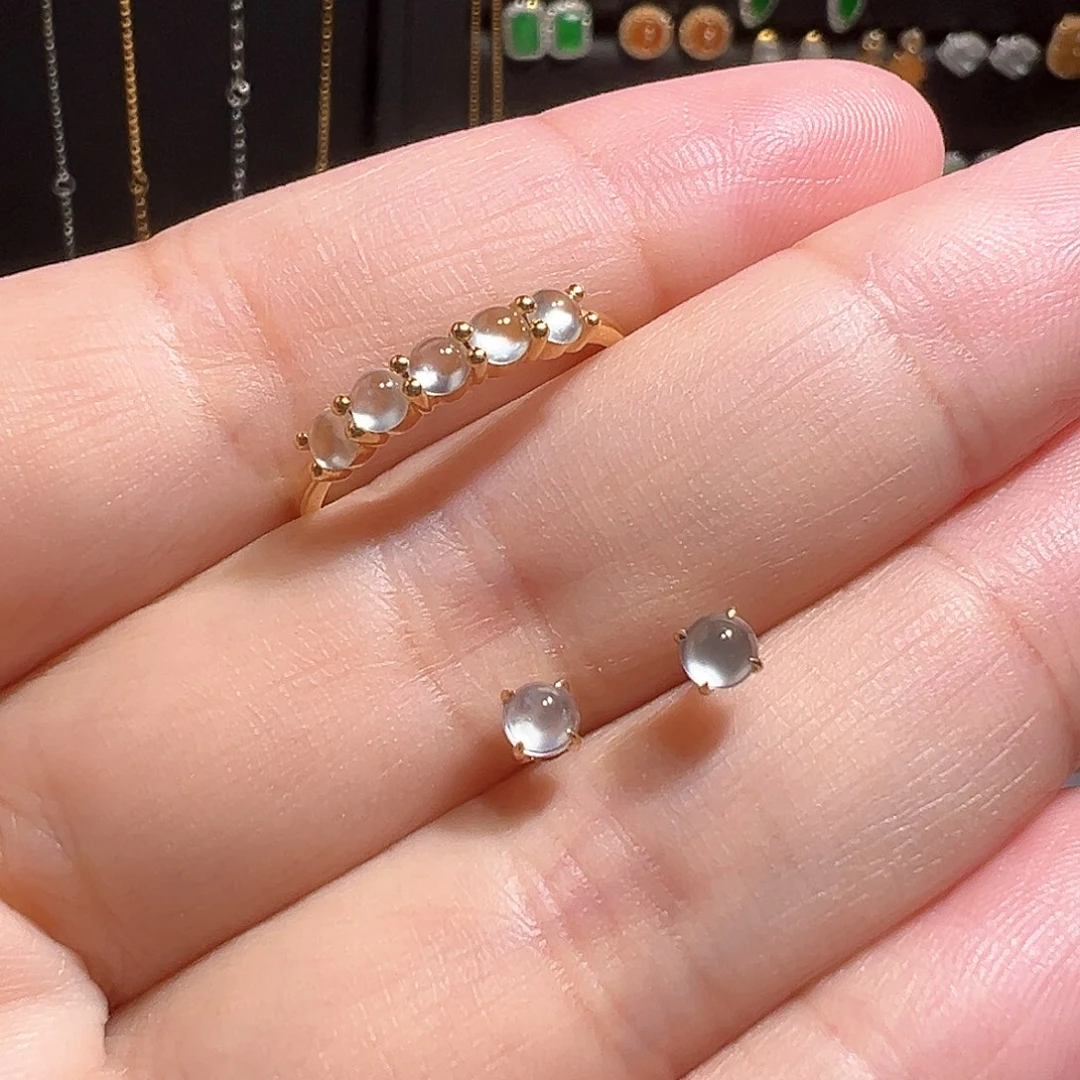 翡翠戒指18K金镶嵌天然A货翡翠钢蛋套装