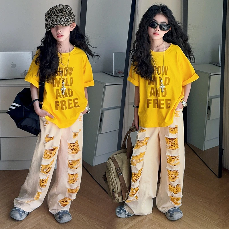 多巴胺黄色穿搭ins美式字母短袖T恤高级感破洞牛仔裤套装