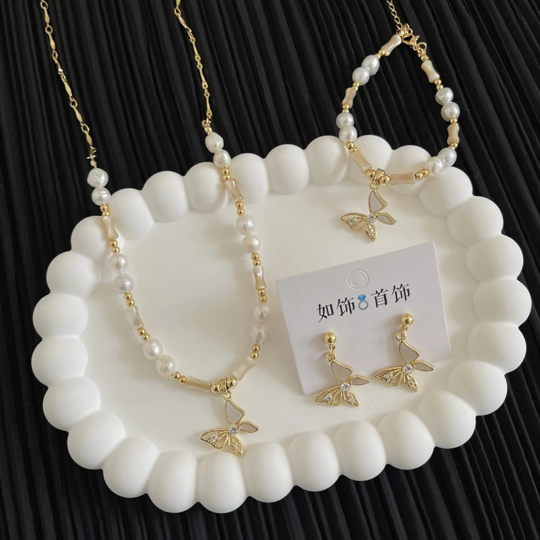 钛钢仿珍珠项链 如饰 蝴蝶手工三件套套装时尚百搭简约气质