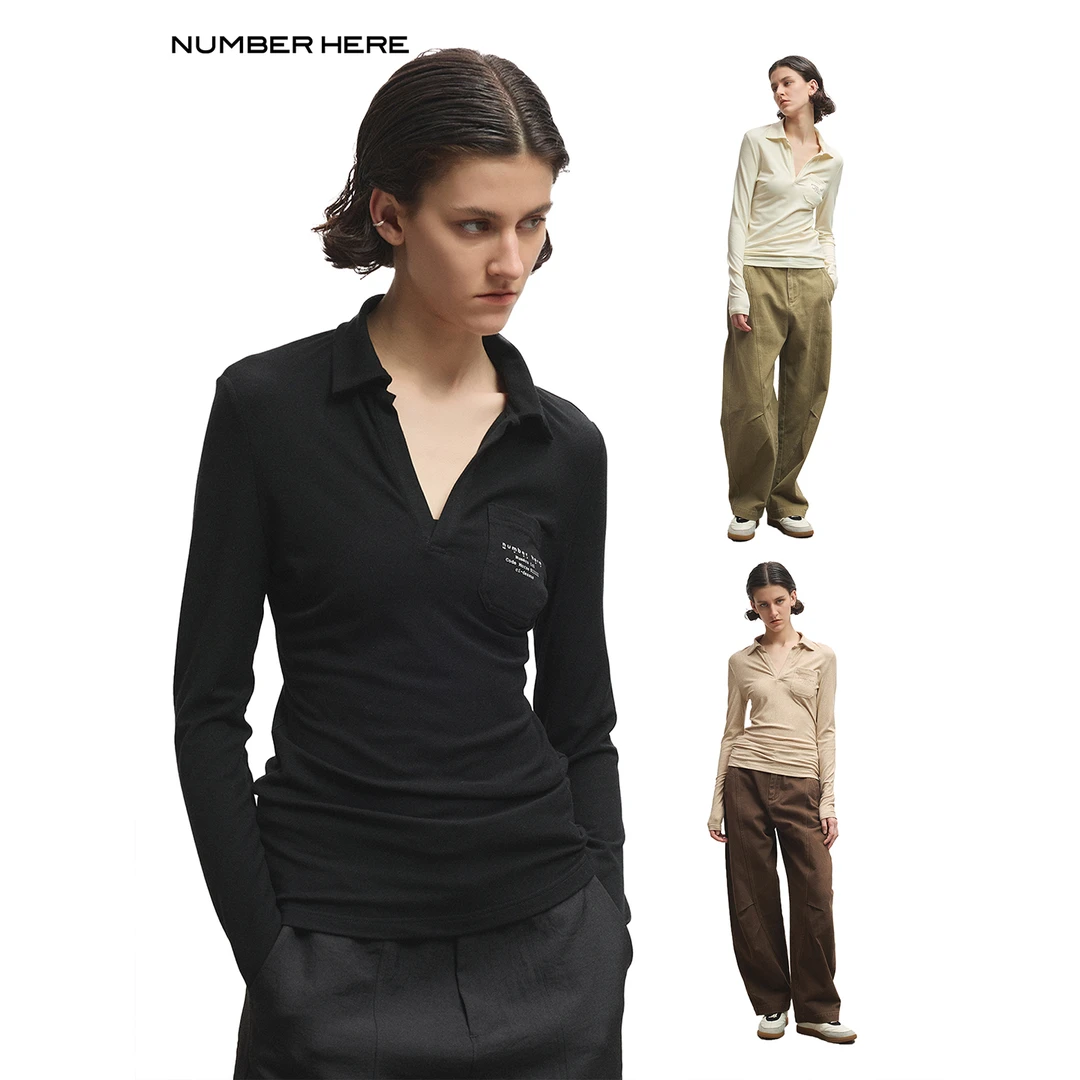 NUMBER HERE 天丝羊毛混纺顺滑凉感斜裁POLO衫柔软舒适长袖T恤