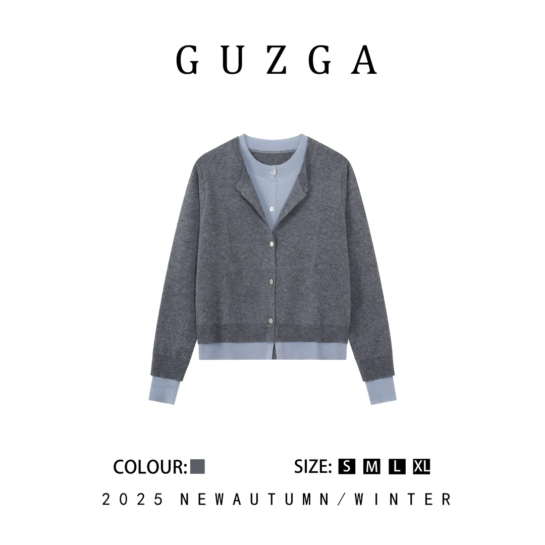 GUZGA【莲花仙子】2025秋季上新假两件通勤针织套头衫上衣时尚百搭