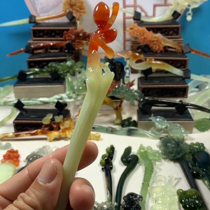 未镶嵌蛇纹石玉发簪绿**海