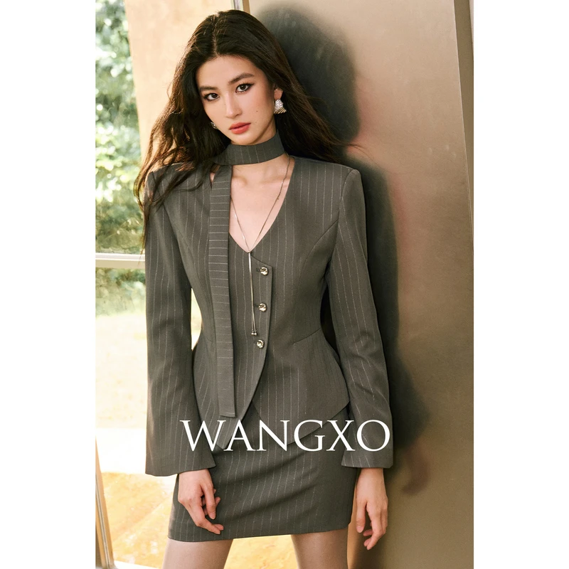 WANGXO V领系带单排扣收腰西装套装253711W