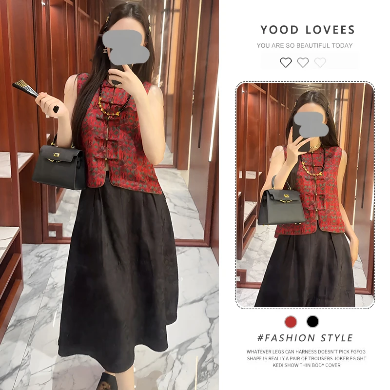 新中式国风女装2025新款轻熟小众不撞款红色印花上衣半身裙子套装