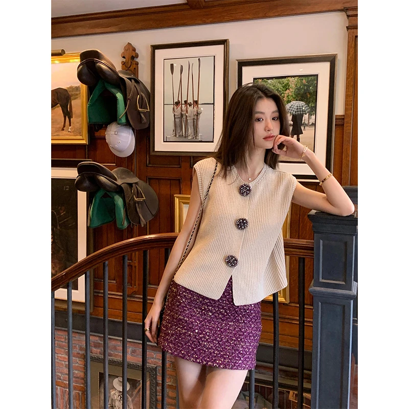 时尚洋气小香风针织无袖马甲开衫背心女夏季气质包臀半身裙套装