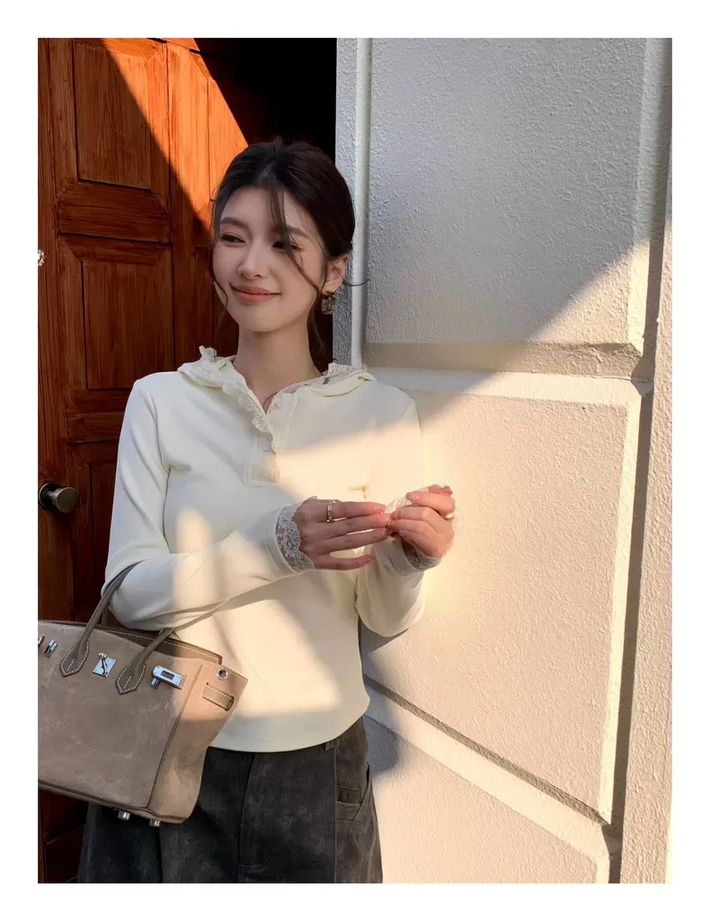 8818蕾丝花边拼接连帽长袖t恤女2025春秋新款显瘦打底衫上衣