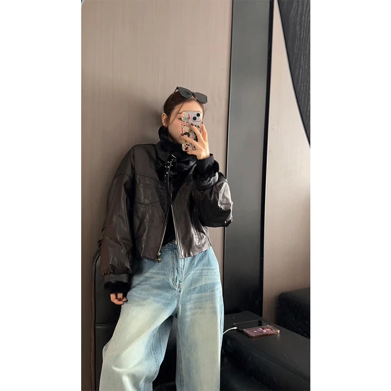 2025欧货冬季新款欧货拼接翻领长袖短款皮羽绒服女