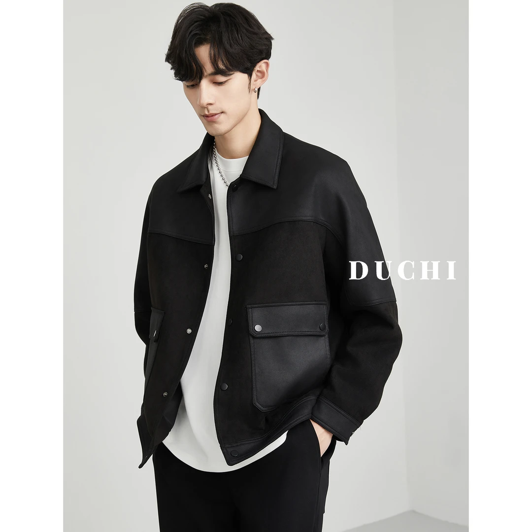 独驰DUCHI 高级pu拼接仿麂皮绒夹克外套男士翻领春秋新款韩版工装