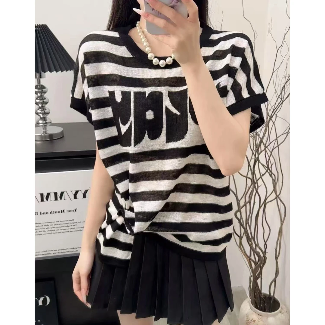 Y378-夏季高级感新款套头条纹设计感洋气短袖上衣女