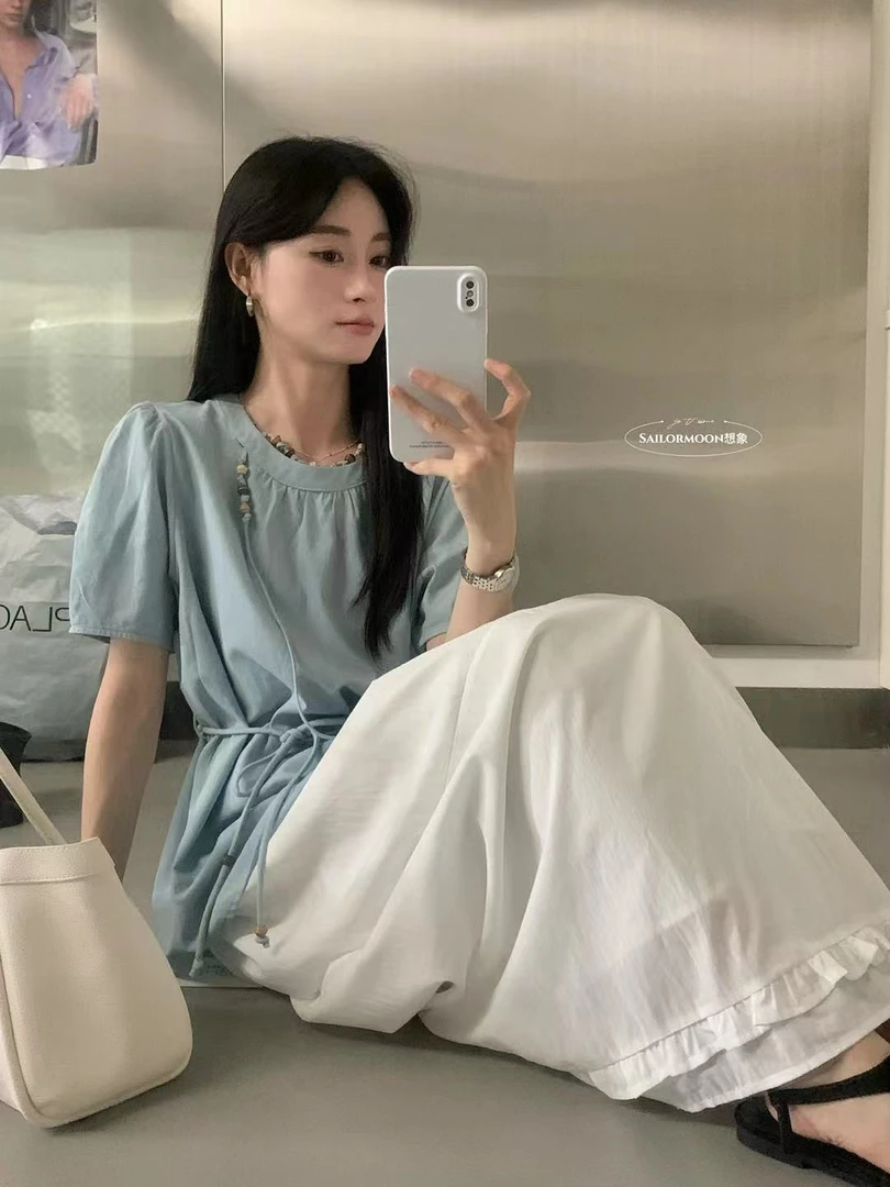 想象@10153 韩系简约百搭珠子系腰小衫 6-19