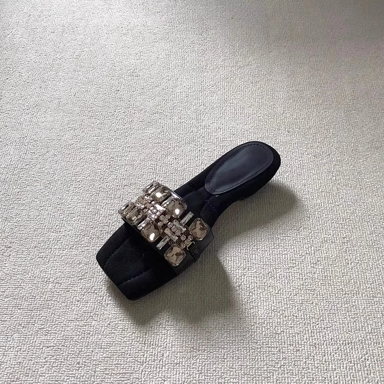一字型水钻修面皮防滑修面一字拖夏季女鞋方扣包头