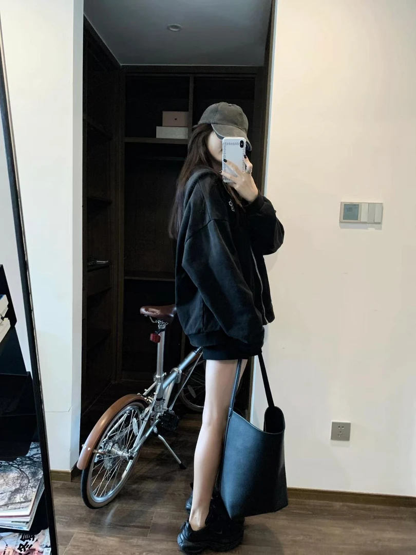 开衫连帽拉链早秋季复古女黑色卫衣韩版长袖短裤休闲套装时尚百搭