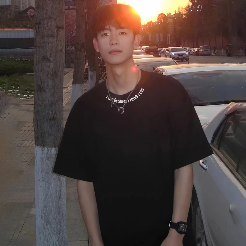 100%纯棉300克重磅圆领男士休闲百搭情侣夏季宽松印花短袖T恤潮流