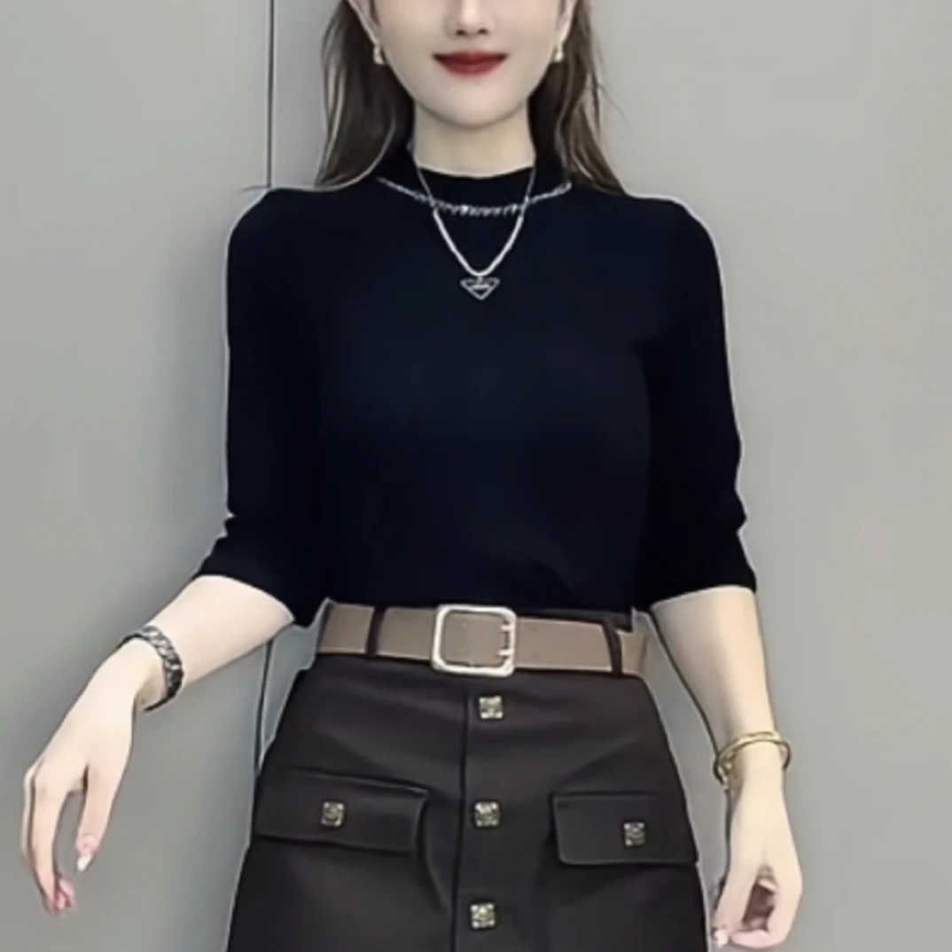 2025新款女装时尚小香风半高领串珠品质感中袖打底衫弹力t恤