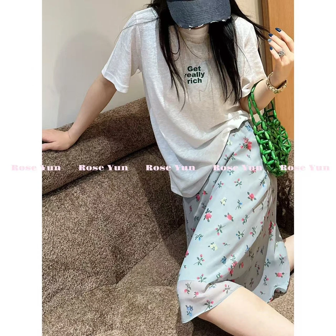 【Rose Yun】彩色印花灰底碎花半身裙  JY065007