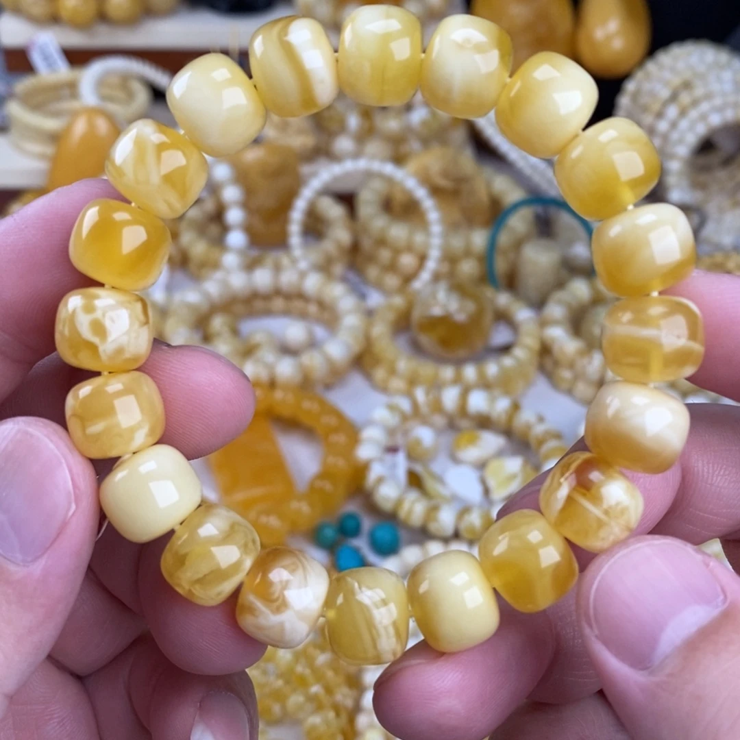 蜜蜡未镶嵌手链金瓷白妖花12mm
