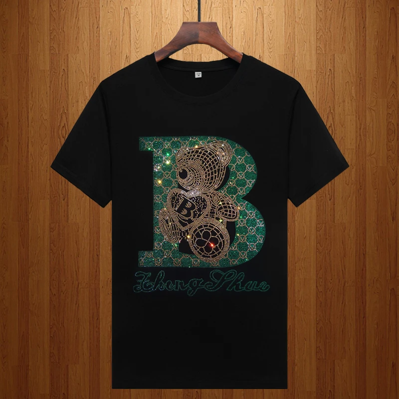 欧货潮流烫钻潮流短袖T恤男士夏季亮钻小熊时尚百搭透气弹力半袖