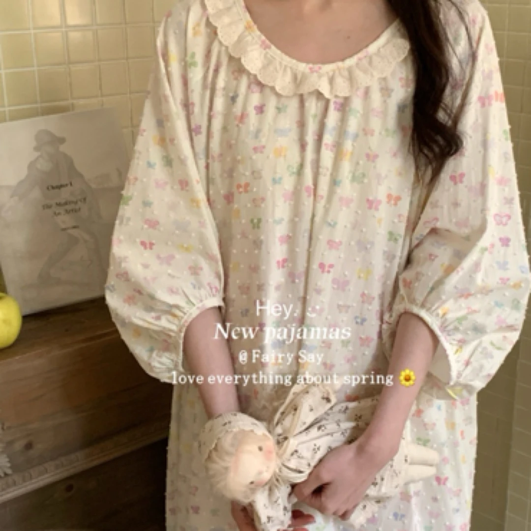 新款彩色蝴蝶睡裙夏季舒适休闲碎花睡衣家居服