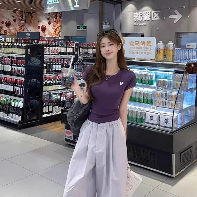纯棉夏季新款刺绣字母辣妹圆领短袖t恤女修身显瘦百搭设计感上衣