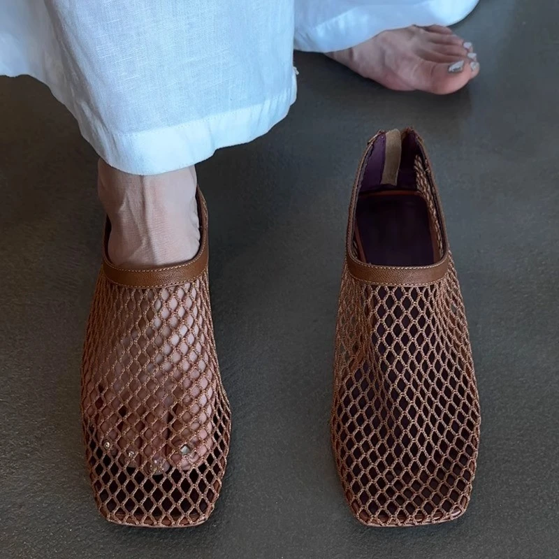 网红款潮后拉链复古编织镂空包头凉鞋女气质方头细跟罗马风渔夫鞋