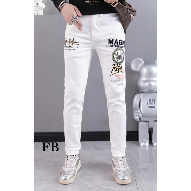 春夏新款时尚男士烫钻刺绣修身中腰小脚牛仔裤8383