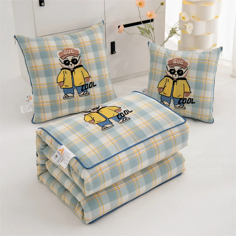 全棉纯棉多功能抱枕被透气夏凉被色织水洗棉空调被车载宿舍薄被