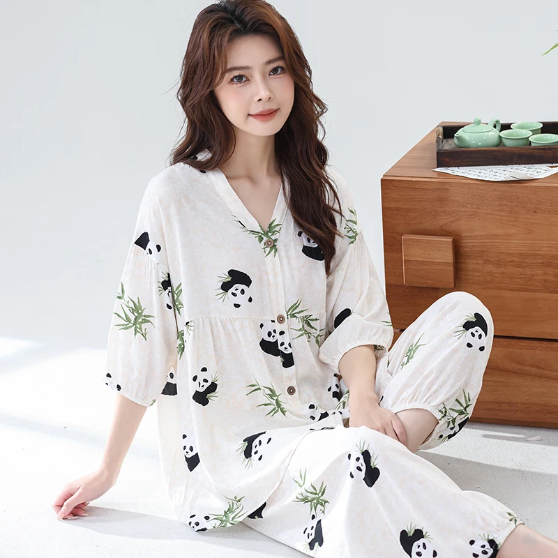 开衫棉绸睡衣女春秋长袖薄款人造棉妈妈家居服绵绸新款套装大码