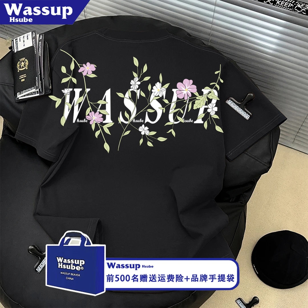 WASSUP HSUBE国潮牌花卉字母印花黑色短袖T恤男女时尚圆领上衣服