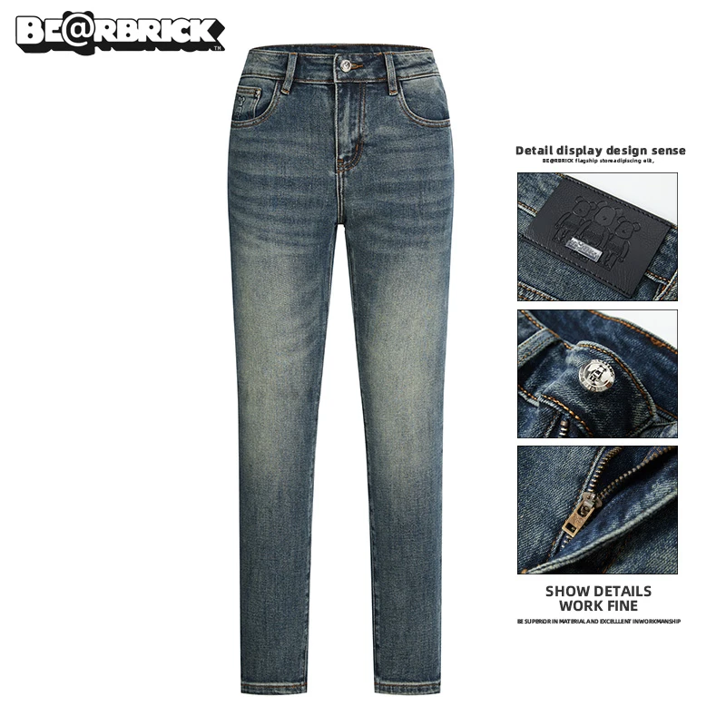 积木熊Be@rbrick【明星同款】梦幻蓝牛仔裤男士秋季新款印花修身裤
