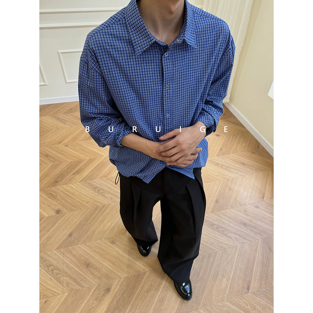 BURUIGE蓝格纹衬衫春秋下摆抽绳短宽复古cleanfit长袖上衣miu系