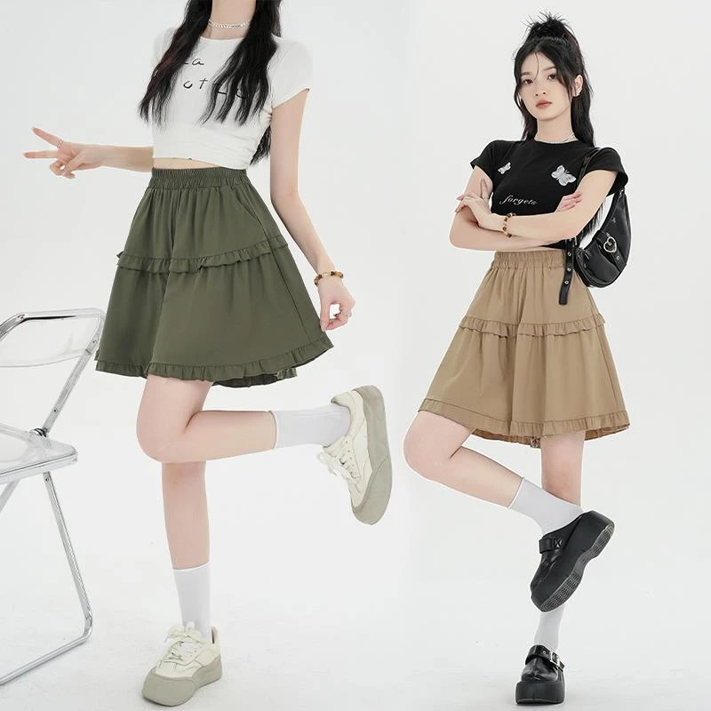 木耳边拼接冰丝阔腿短裤裙女夏季新款小个子松紧高腰a字五分裙裤