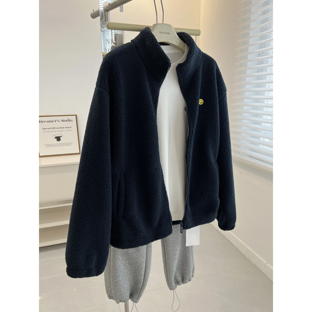 胖妹妹240斤大码开衫拉链立领羊羔绒外套女秋冬宽松笑脸刺绣上衣