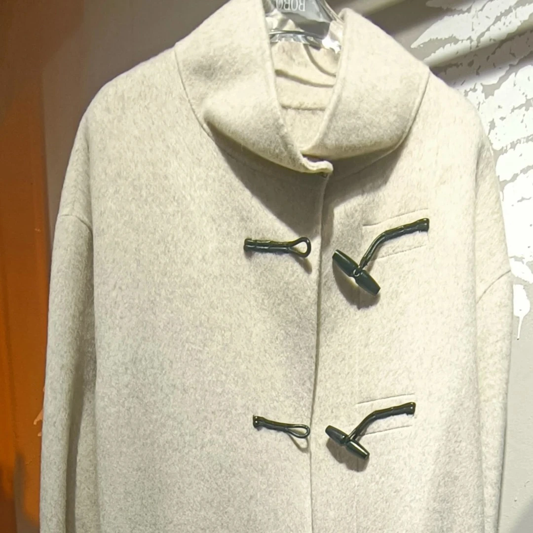 秋冬新款牛角扣高领双面呢大衣舒适百搭