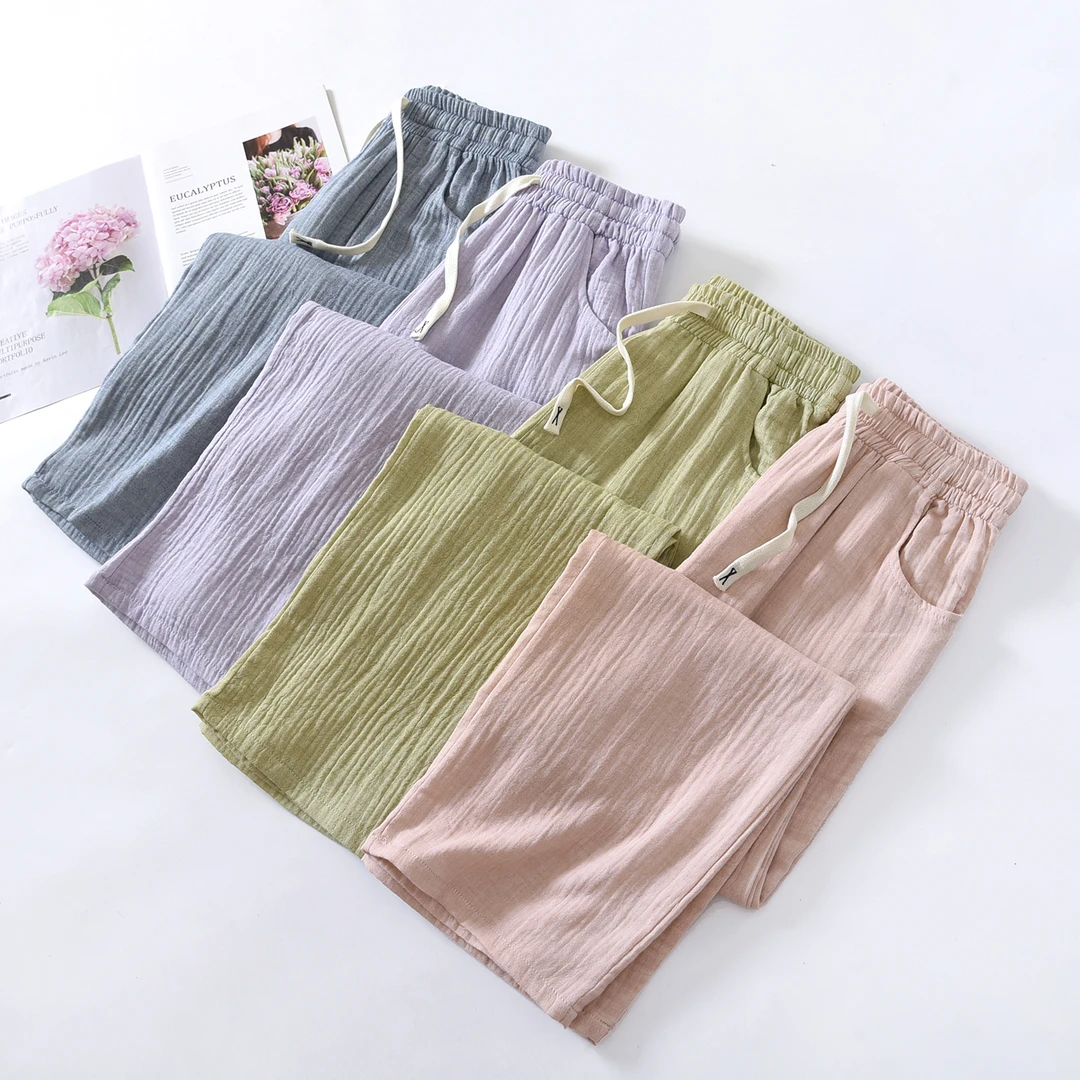 新日系棉麻睡裤女春秋薄款长裤宽松直筒简约纯色休闲家居裤可外穿