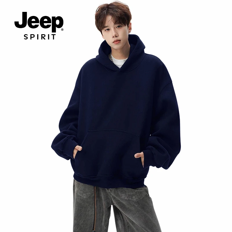 JEEPSPIRIT重磅500G百搭连帽卫衣男女秋美式纯色潮牌宽松加厚加绒