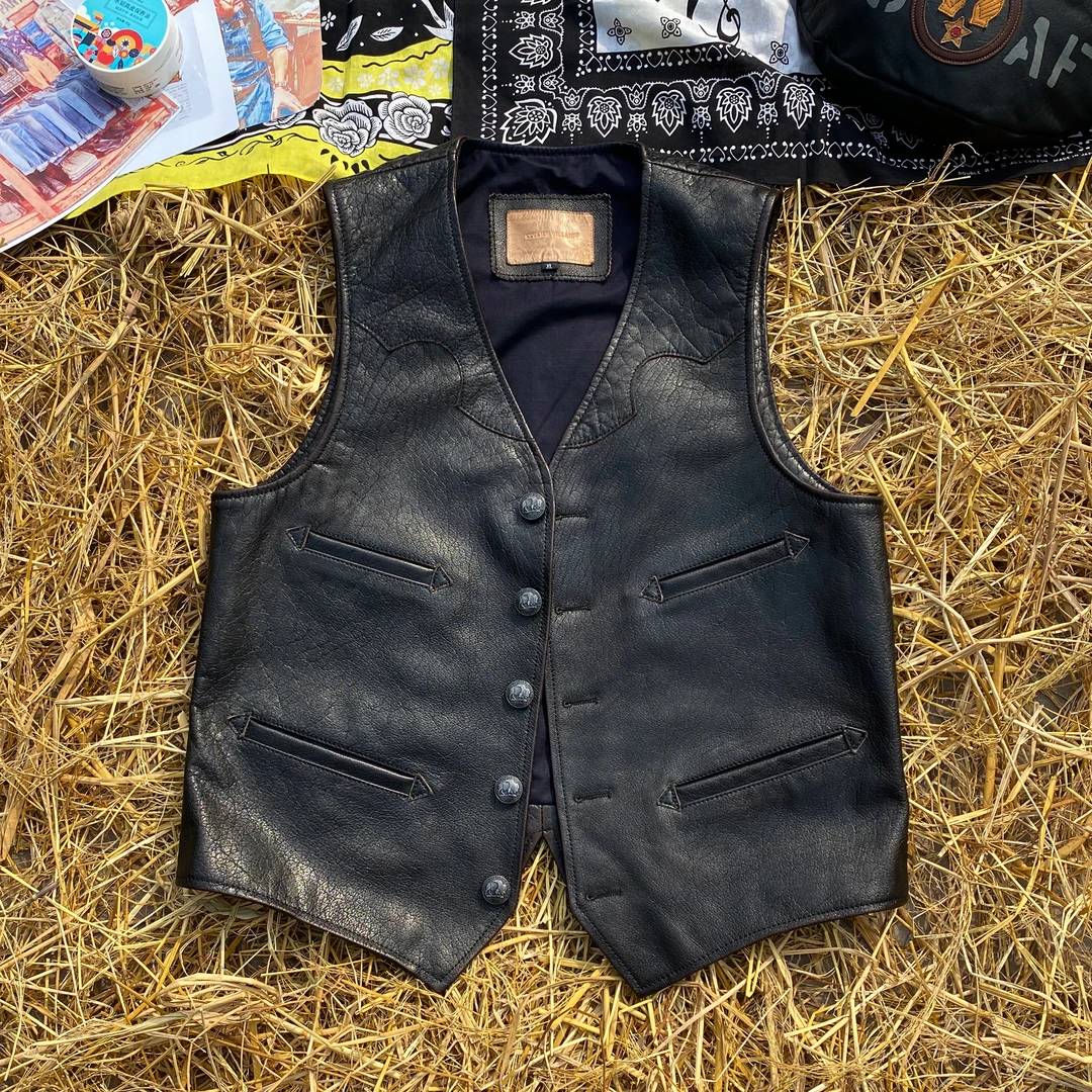 Stylish villain头层牛皮复古做旧真皮马甲