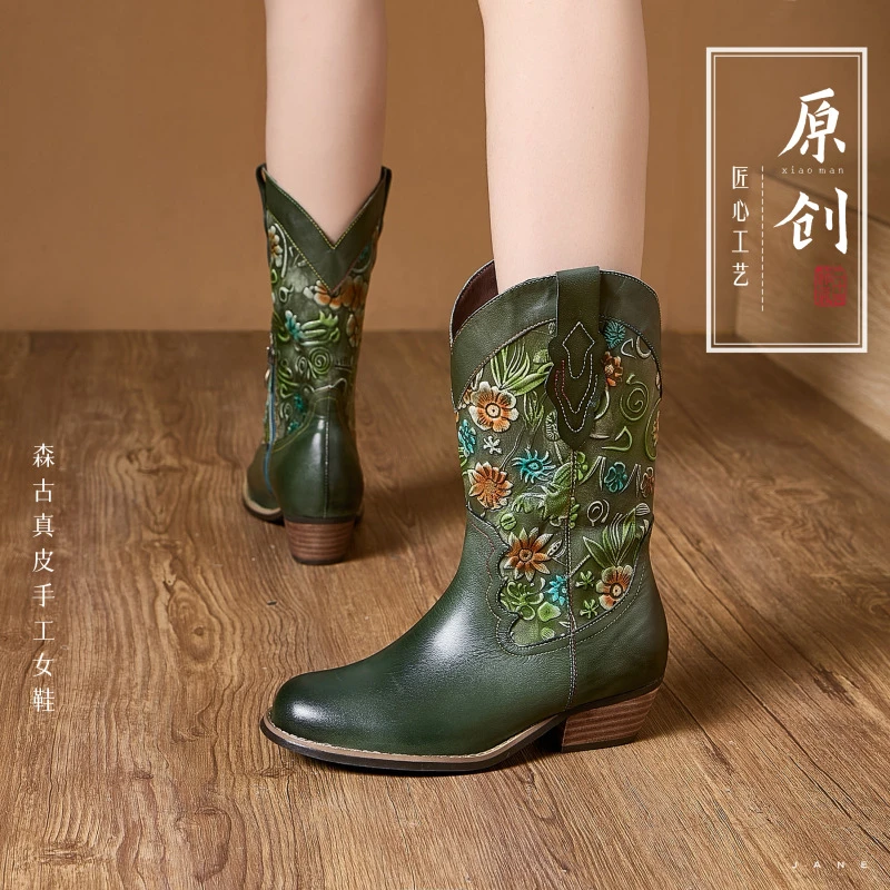 36-42码5公分森古原创真皮手工手绘印花民族风骑士靴女复古粗跟短