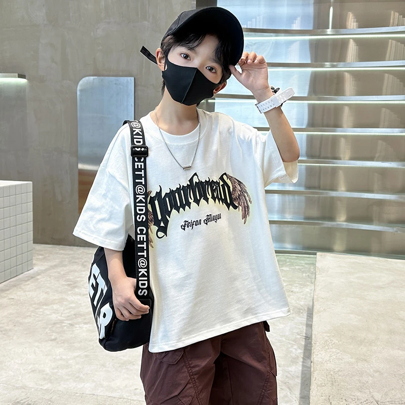 男童短袖t恤童装2025新款夏季宽松半袖中大童翅膀帅气男孩上衣