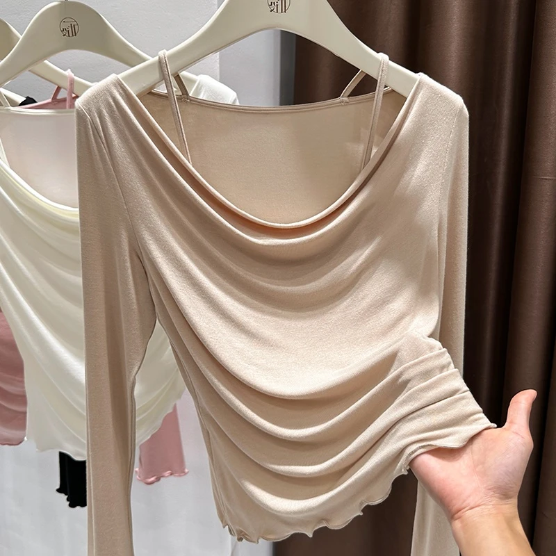 时髦洋气奶咖色气质荡领修身显瘦长袖T恤早秋新款木耳边下摆上衣