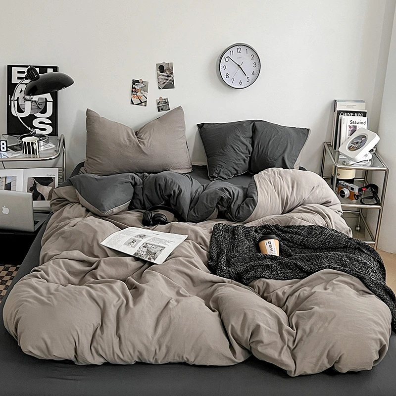 2025新款纯色双拼水洗棉四件套日式简约磨毛单双人
