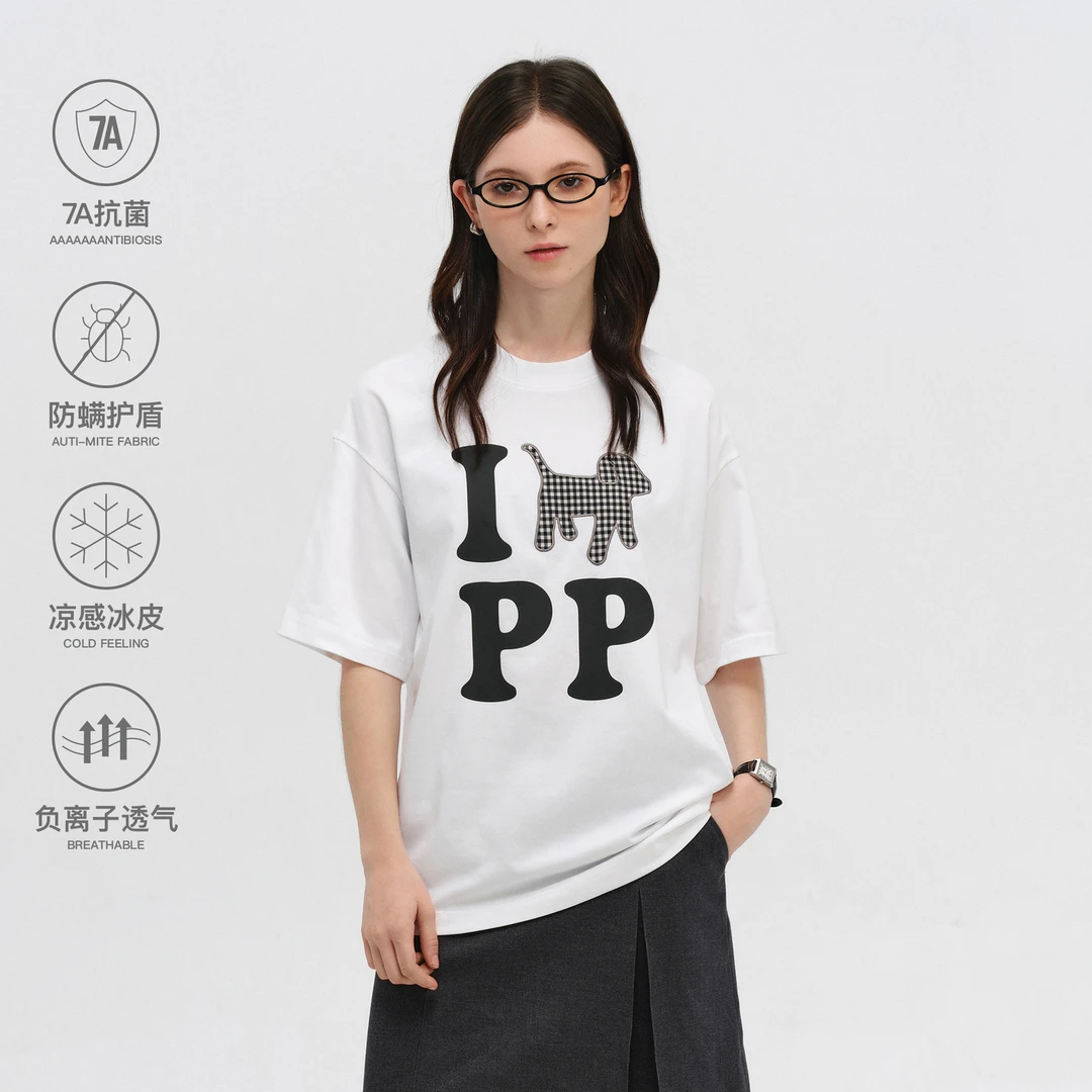 PCLP大排版小狗贴布绣T恤美式潮牌圆领打底衫夏季宽松T恤上衣