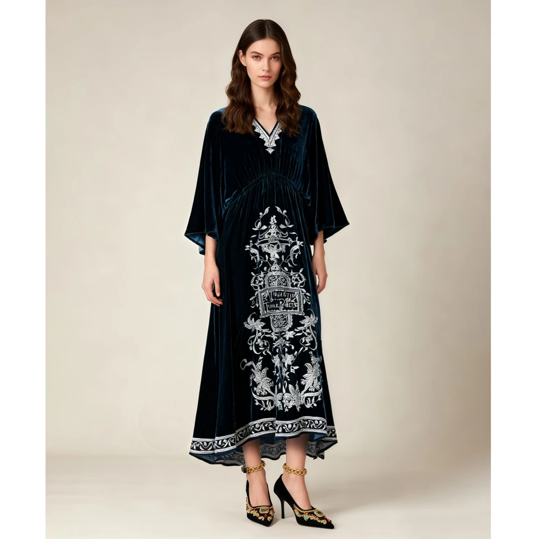 2026新款轻奢优雅时尚抽褶设计师款真丝丝绒连衣裙305-A-25661