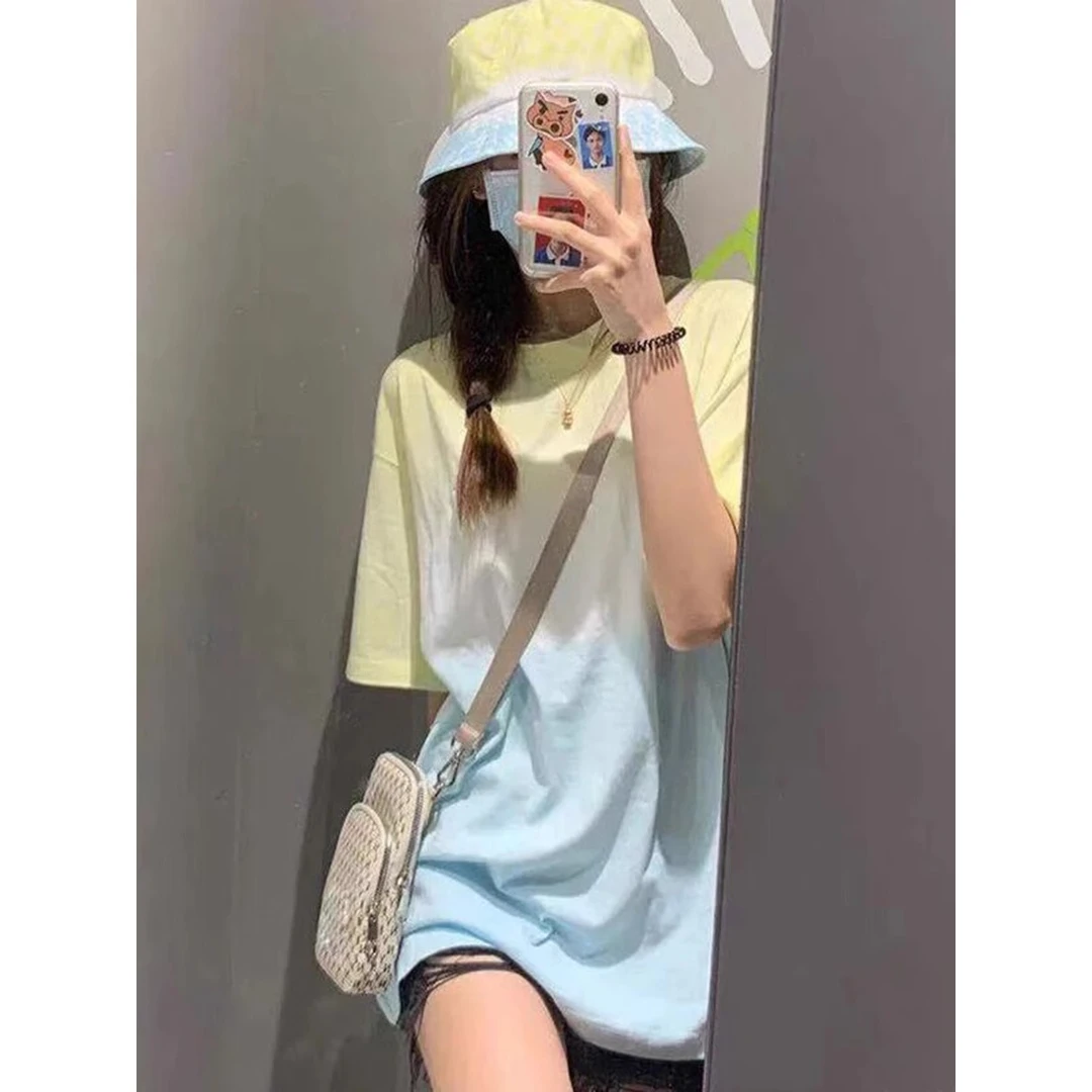 网红洋气炸街女装渐变短袖T恤夏季大版宽松小众扎染下衣失踪上衣