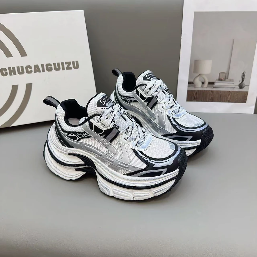 欧洲站秋季新款时尚双层厚底增高老爹鞋擦色复古做旧休闲运动鞋潮