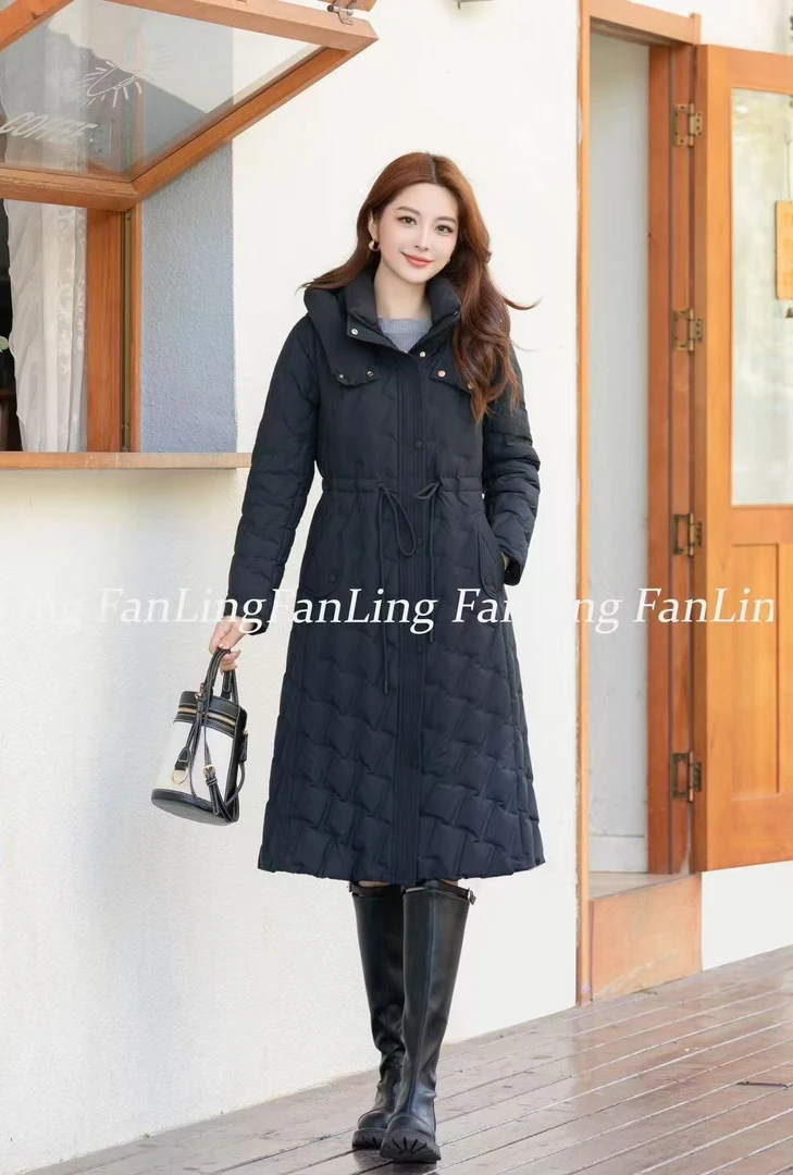【D846】冬季新款女装时尚纯色束腰连帽羽绒服
