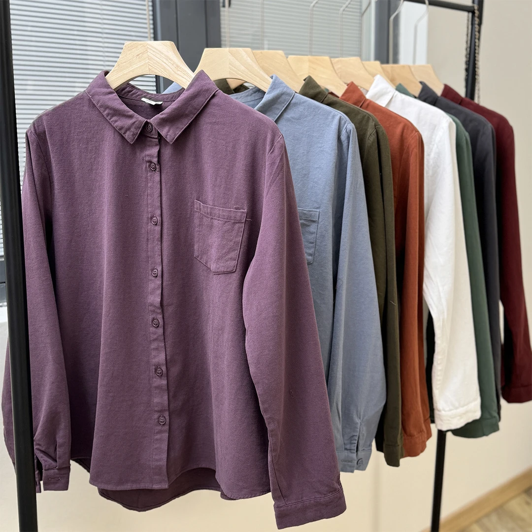 果然 春秋新款文艺休闲磨毛棉质翻领长袖衬衫女气质百搭宽松衬衣