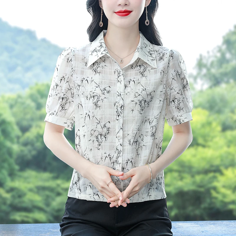 拉夏贝尔印花雪纺衫女2025夏季新款洋气小衫减龄显瘦遮肚子上衣女