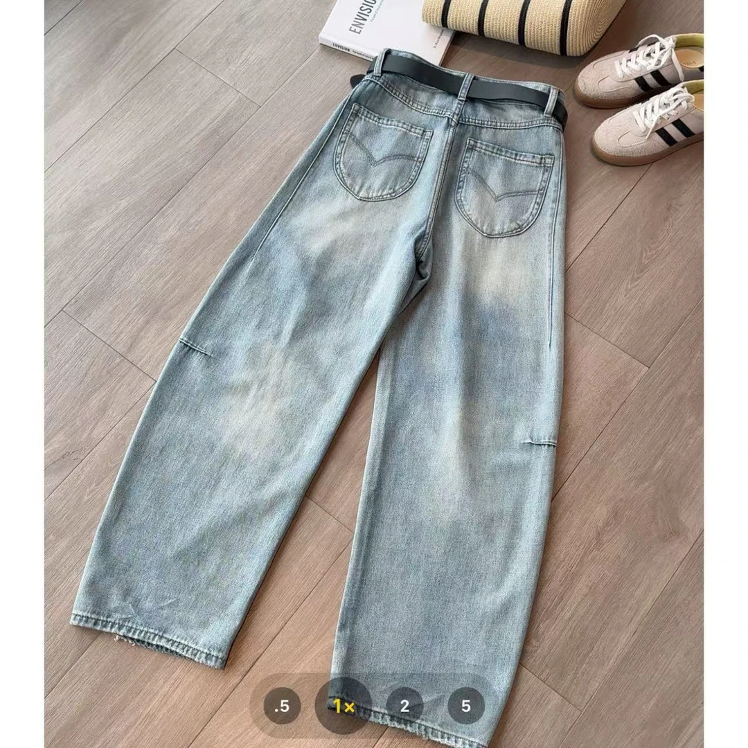 玳妮【破洞弯刀裤】夏季高腰重工破洞拼缝阔腿牛仔裤时尚水洗百搭裤