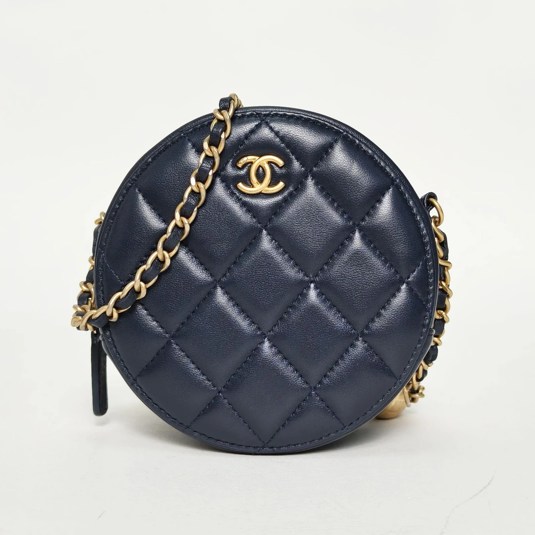 99新 Chanel/香奈儿 小花Jerry金珠 圆饼链条包 墨蓝色 29开