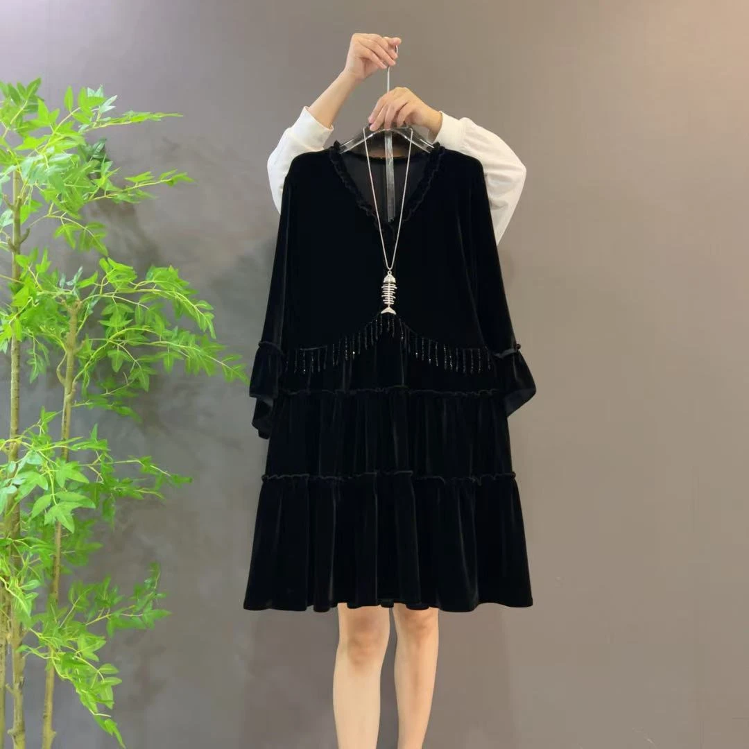 9273秋季新款V领九分袖黑色金丝绒大码连衣裙拼接流苏时尚气质